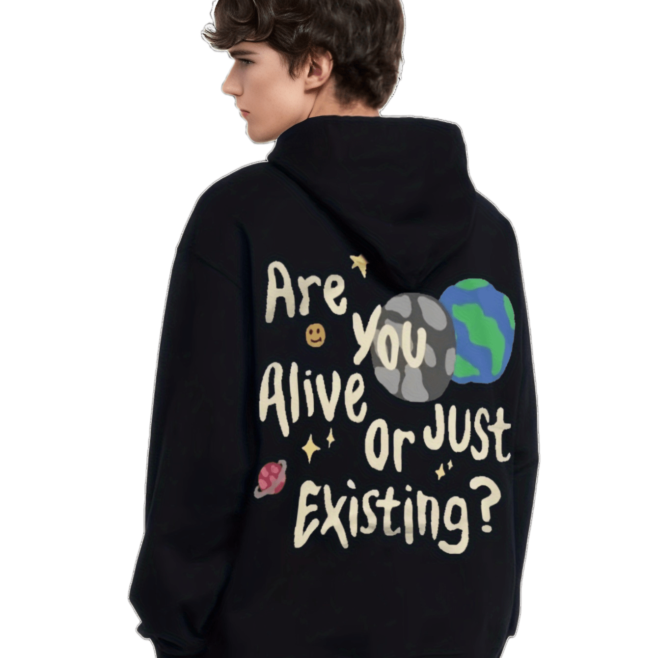 Cartoon Planet and Letter Print Hoodie, Casual Graphic.