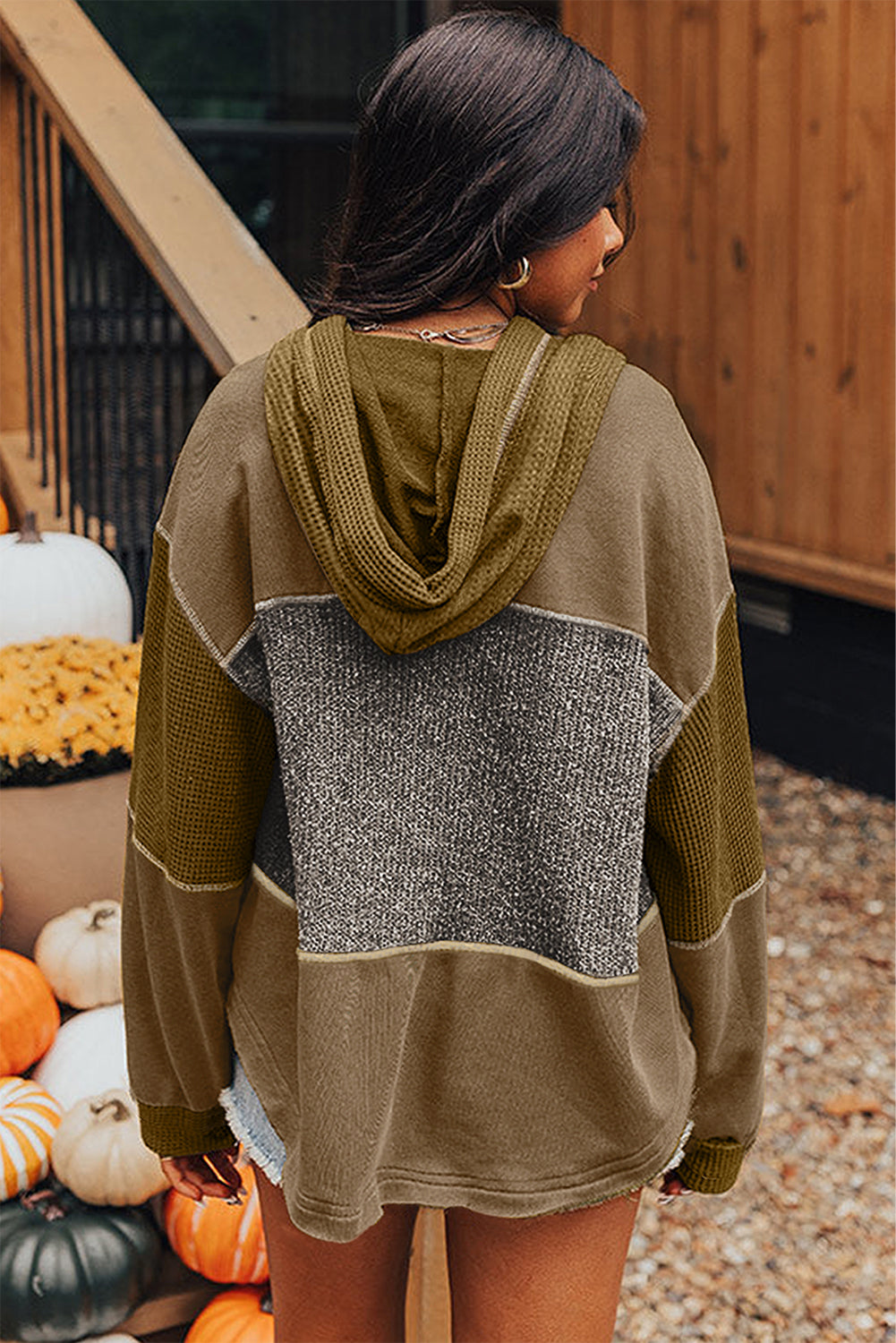 Jungle Green Patchwork Exposed Seam Hooded Sweatshirt