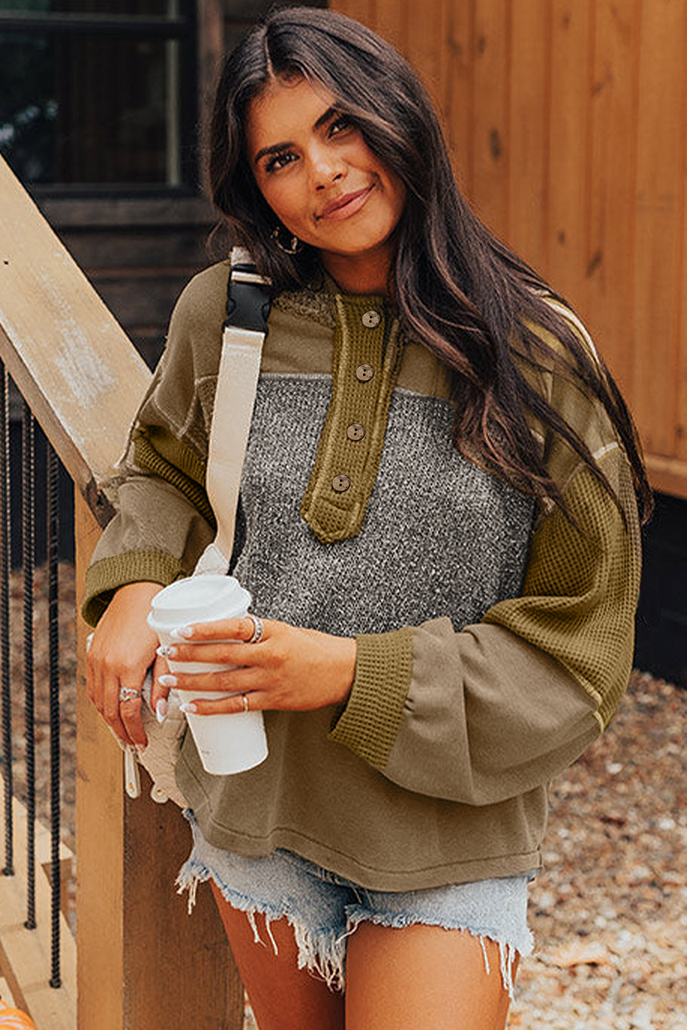 Jungle Green Patchwork Exposed Seam Hooded Sweatshirt