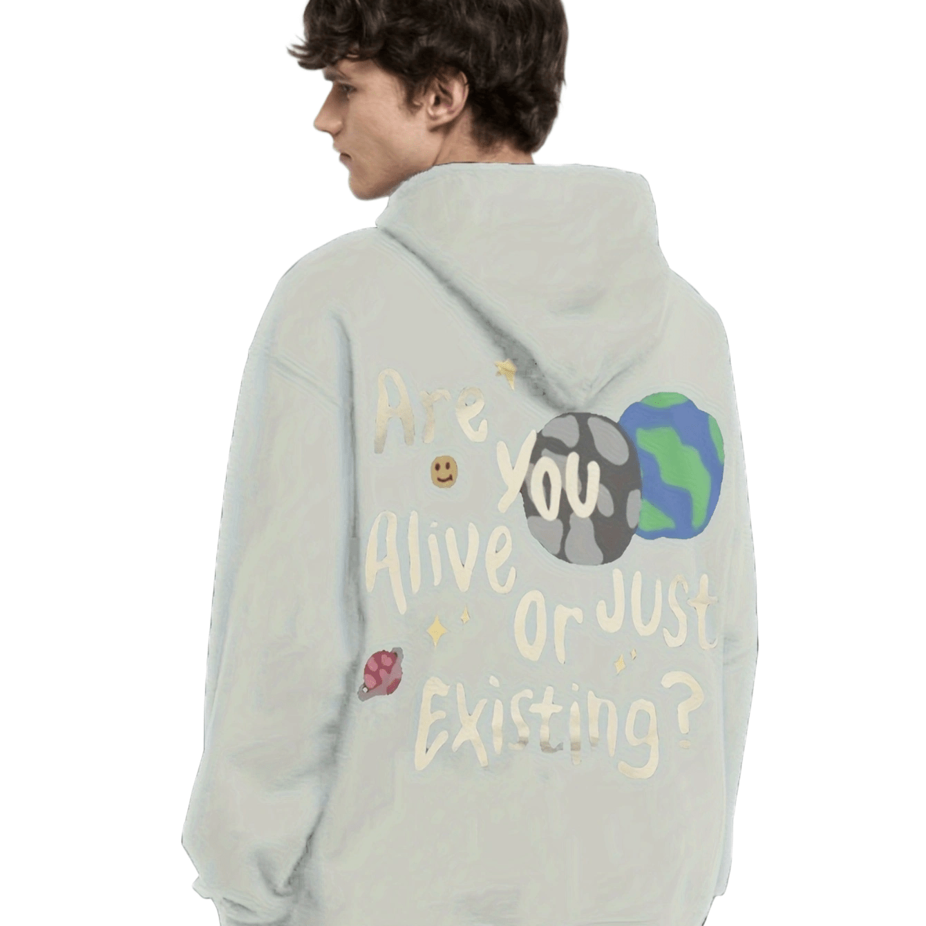 Cartoon Planet and Letter Print Hoodie, Casual Graphic.