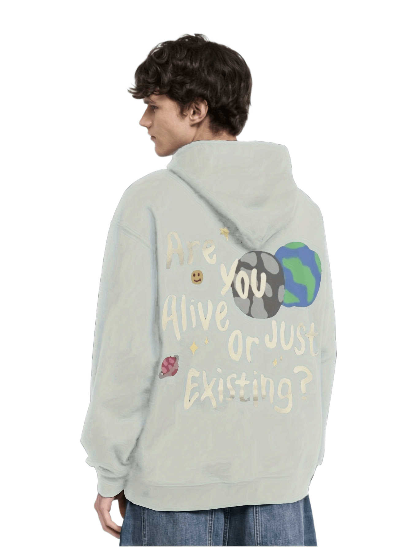 Cartoon Planet and Letter Print Hoodie, Casual Graphic.