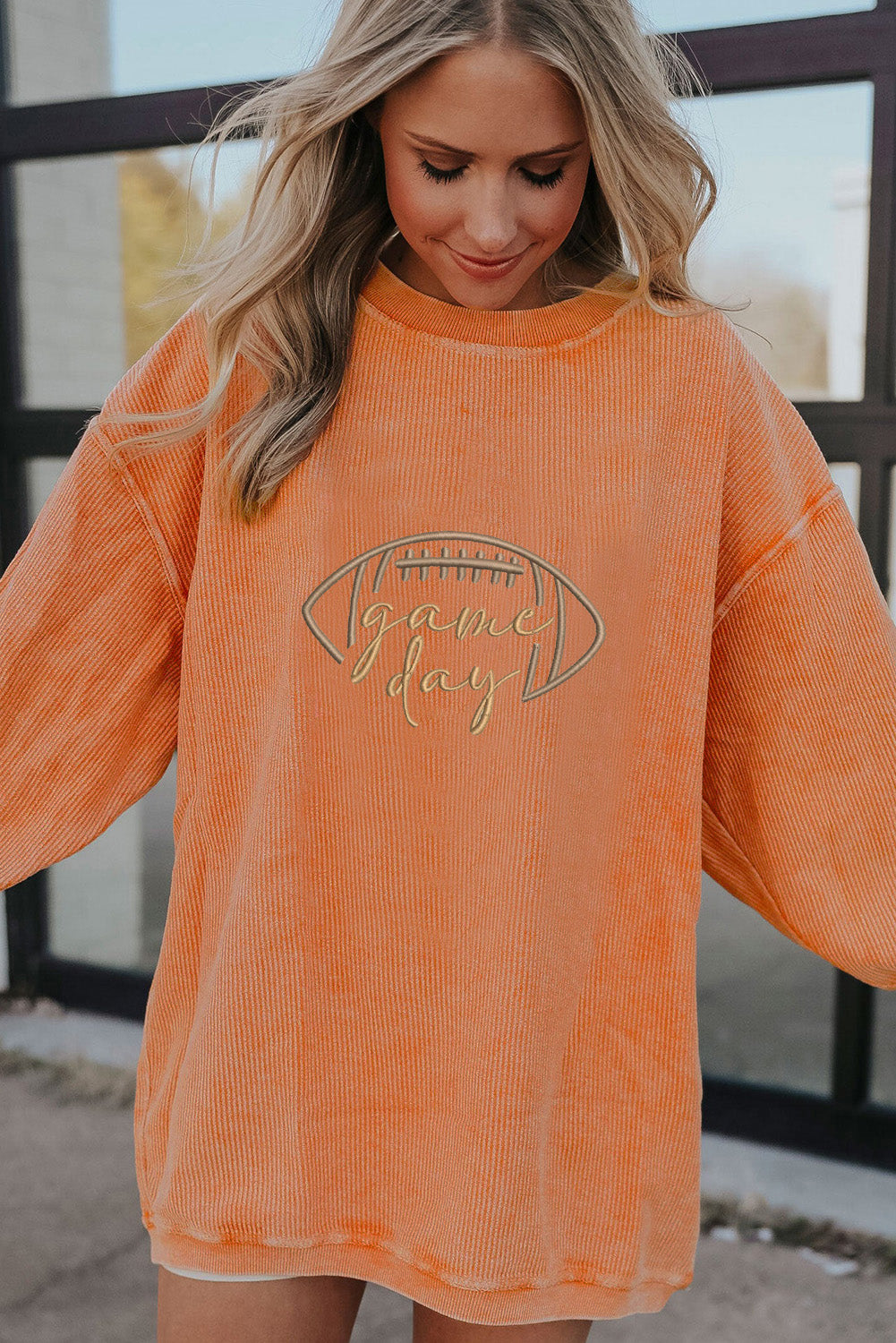 Orange Rugby Game Day Embroidered Corduroy Sweatshirt