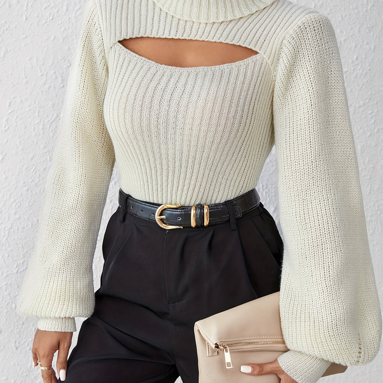 Stylish High Neck Sweater, Long Sleeve Cut Out, Perfect for fall.