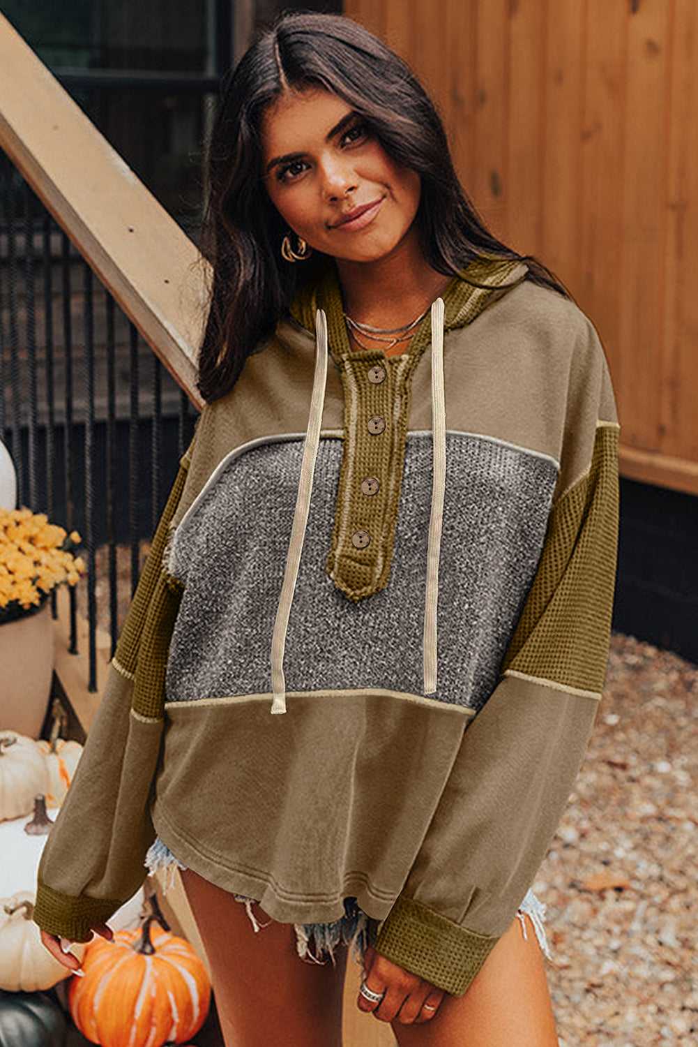 Jungle Green Patchwork Exposed Seam Hooded Sweatshirt