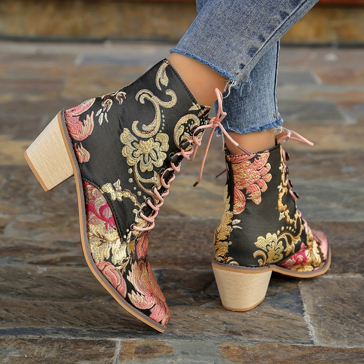 Women's vintage floral boots, lace-up chunky heel western cowboy boots
