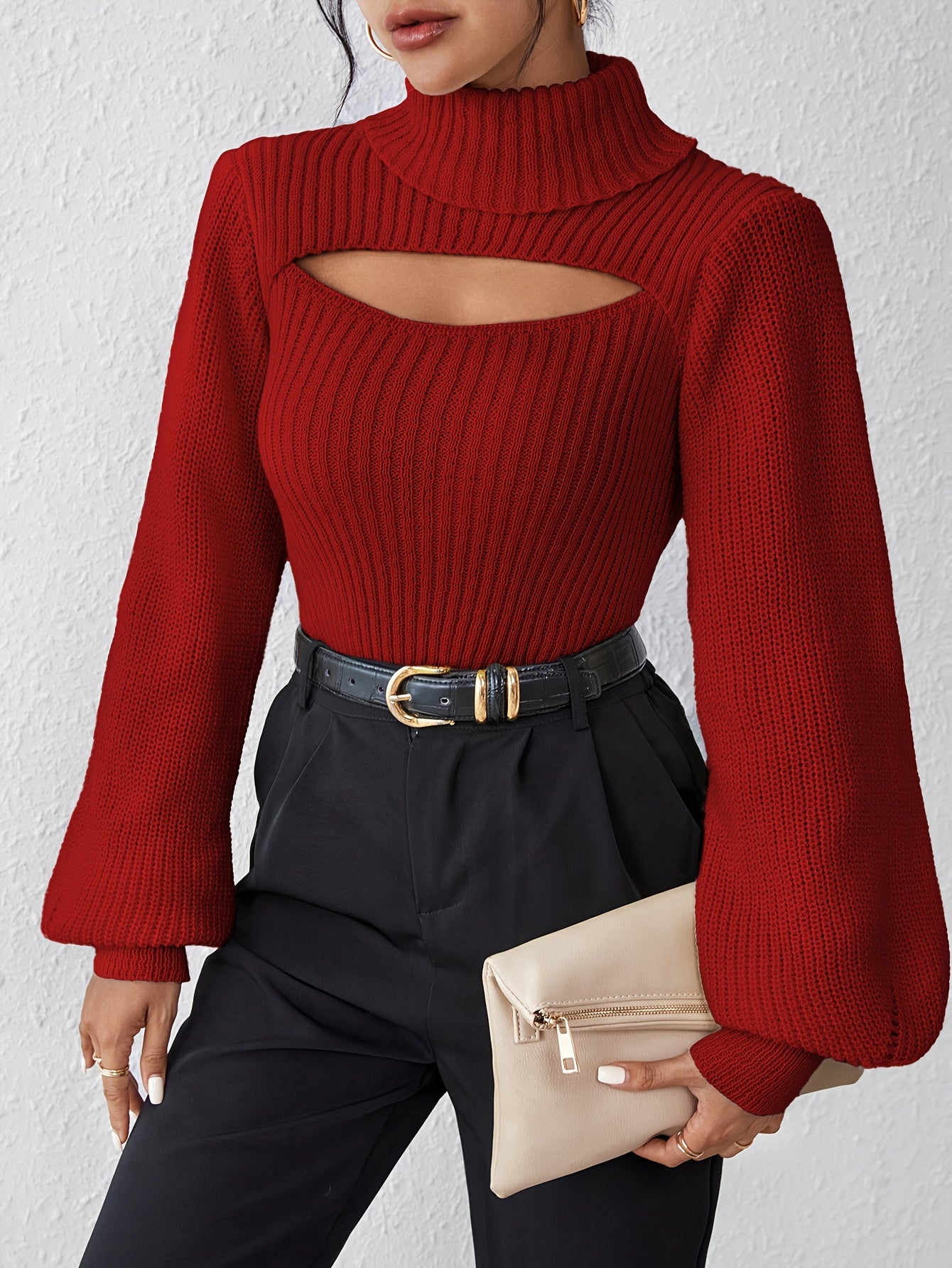Stylish High Neck Sweater, Long Sleeve Cut Out, Perfect for fall.