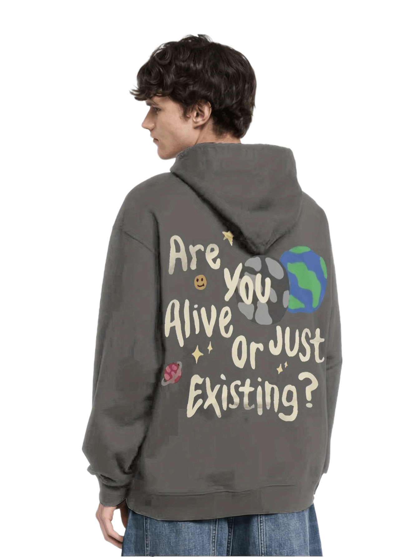 Cartoon Planet and Letter Print Hoodie, Casual Graphic.