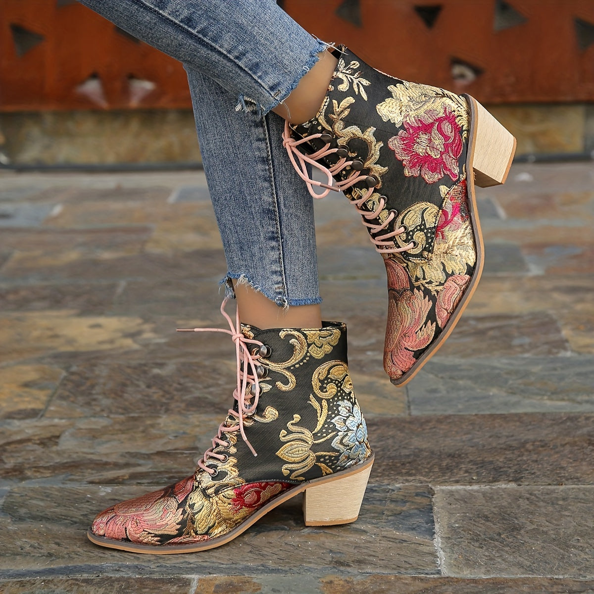 Women's vintage floral boots, lace-up chunky heel western cowboy boots