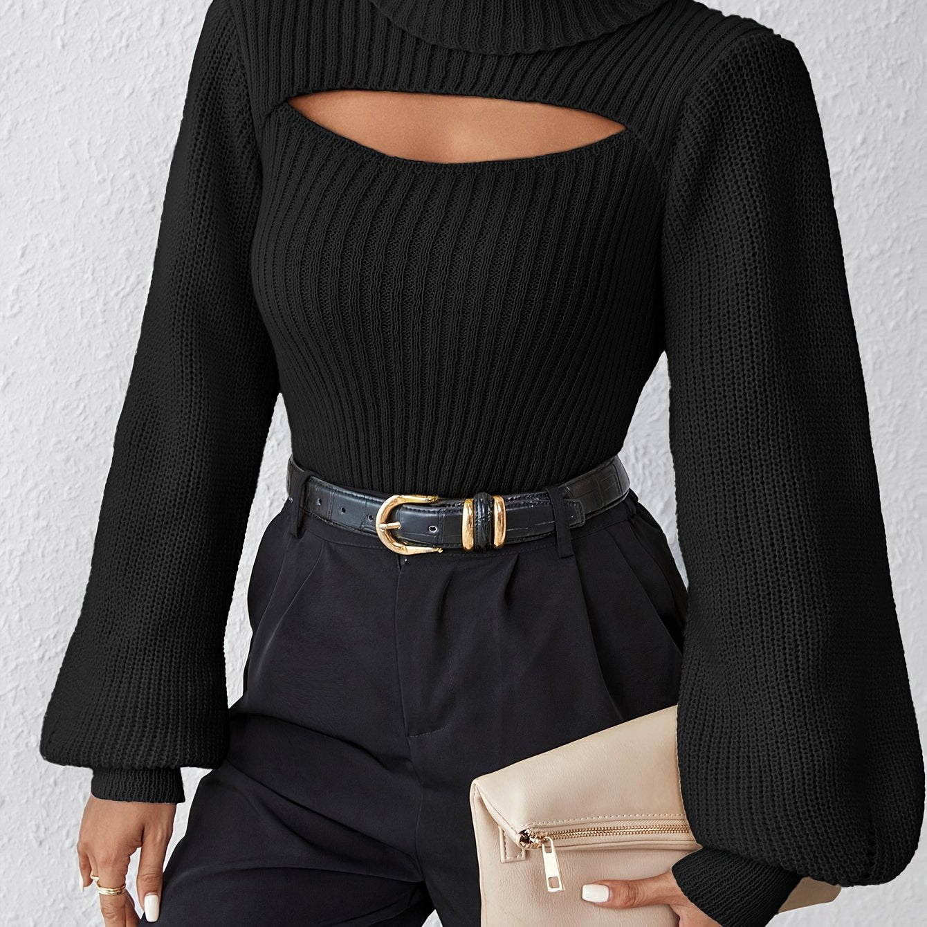 Stylish High Neck Sweater, Long Sleeve Cut Out, Perfect for fall.