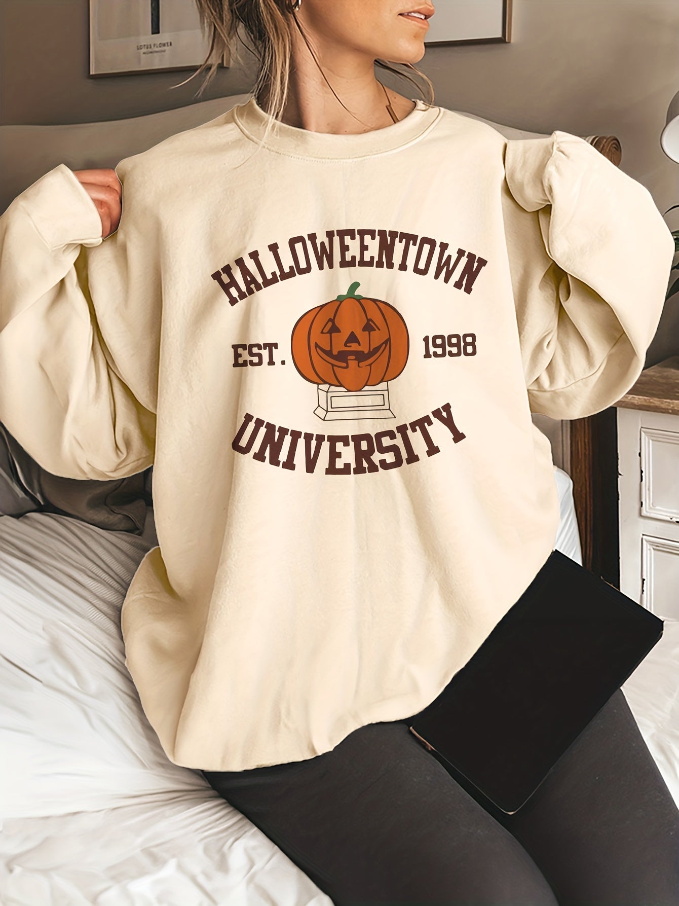 [Halloweentown] Halloween Print Sweatshirt, Women's Casual Long Sleeve Crew Neck