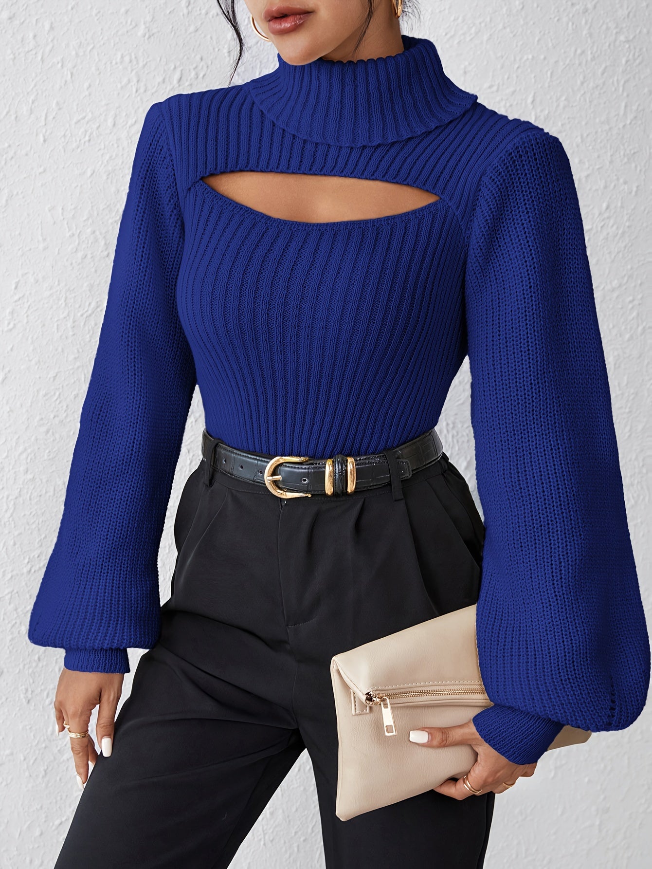 Stylish High Neck Sweater, Long Sleeve Cut Out, Perfect for fall.