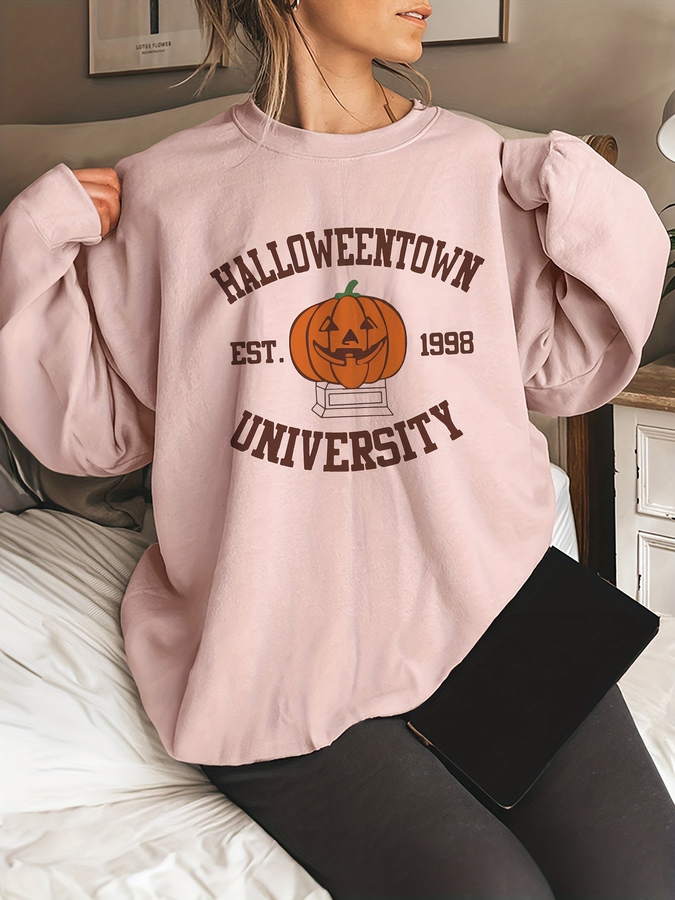 [Halloweentown] Halloween Print Sweatshirt, Women's Casual Long Sleeve Crew Neck
