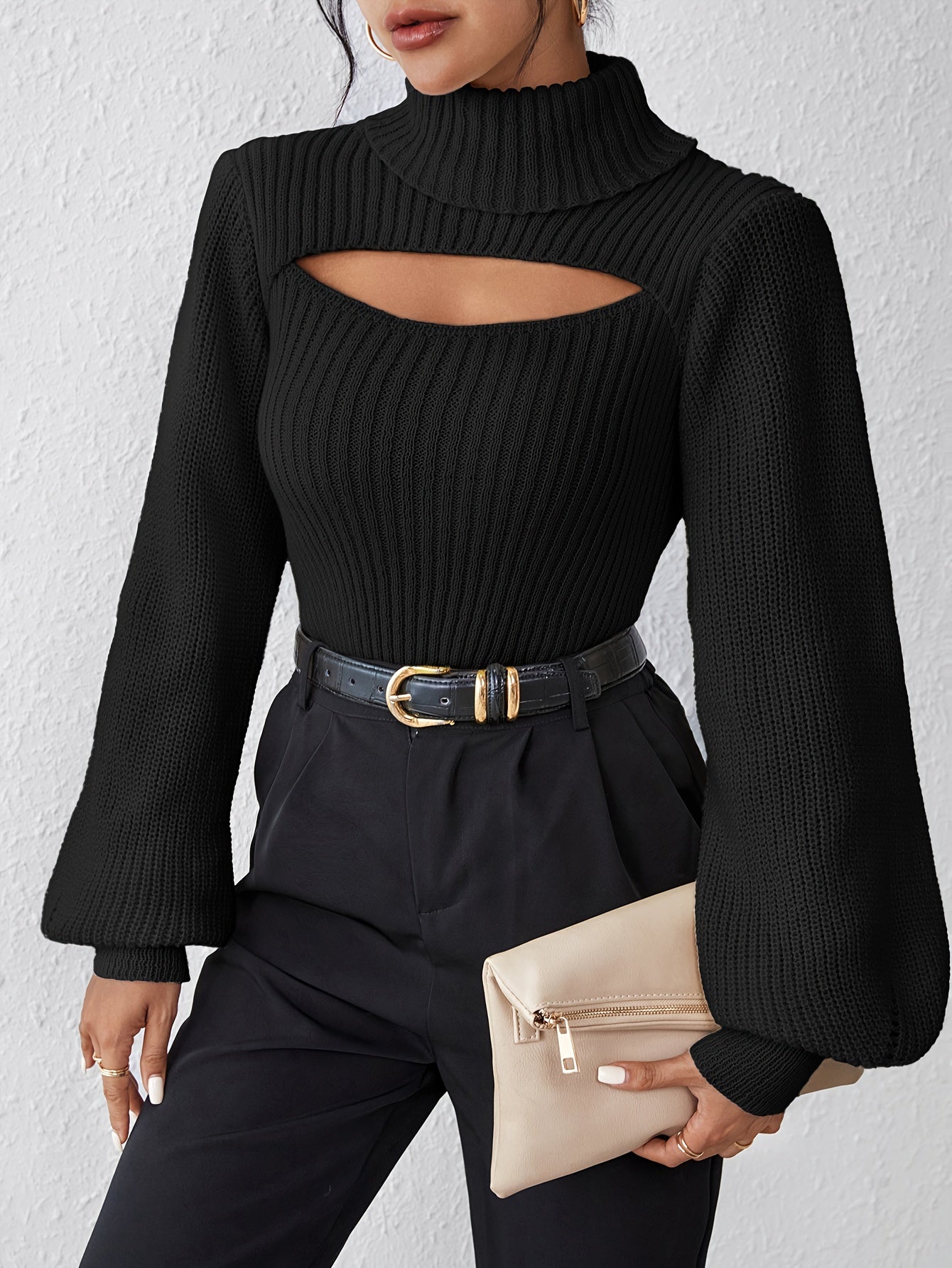 Stylish High Neck Sweater, Long Sleeve Cut Out, Perfect for fall.