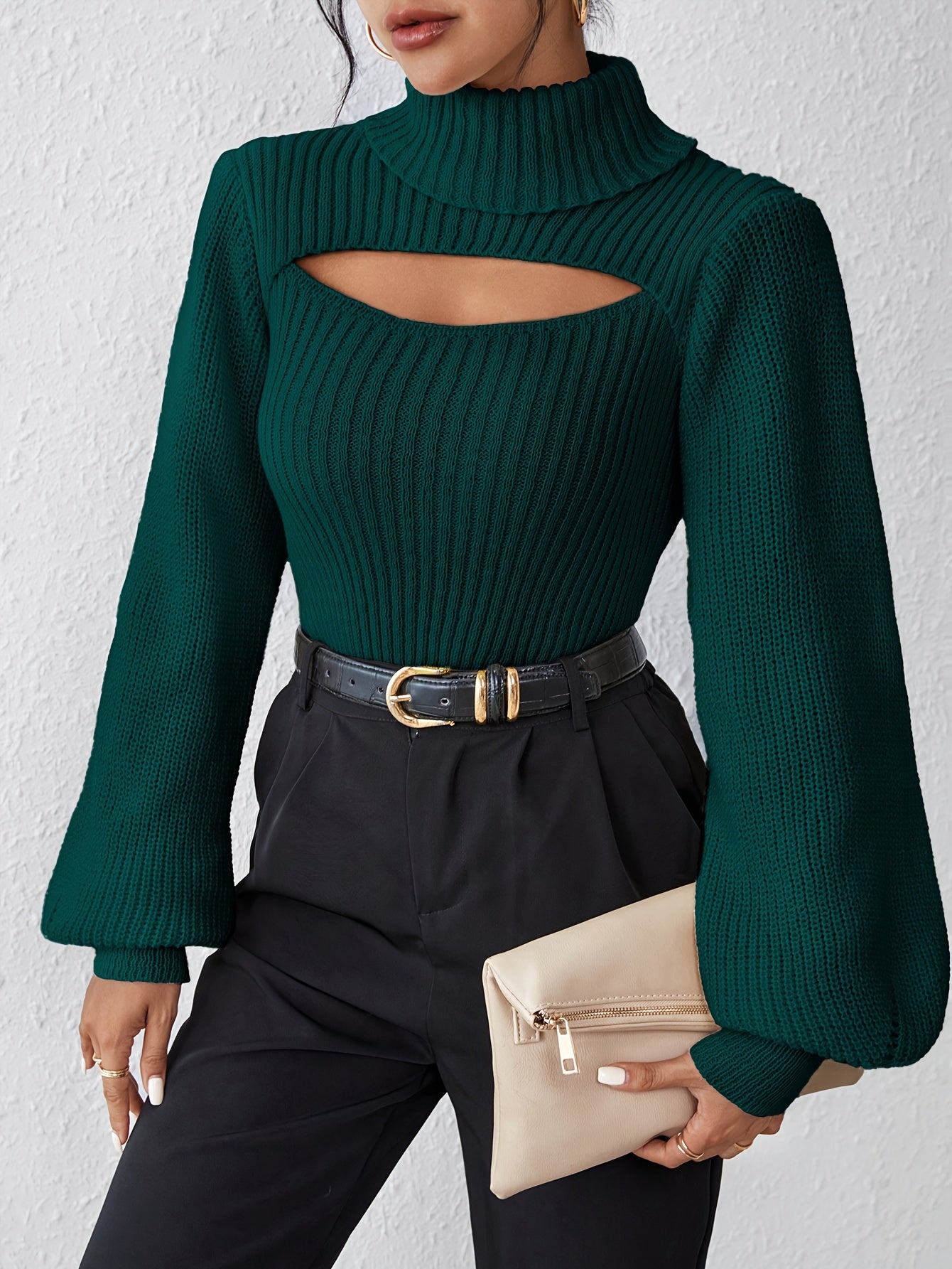 Stylish High Neck Sweater, Long Sleeve Cut Out, Perfect for fall.