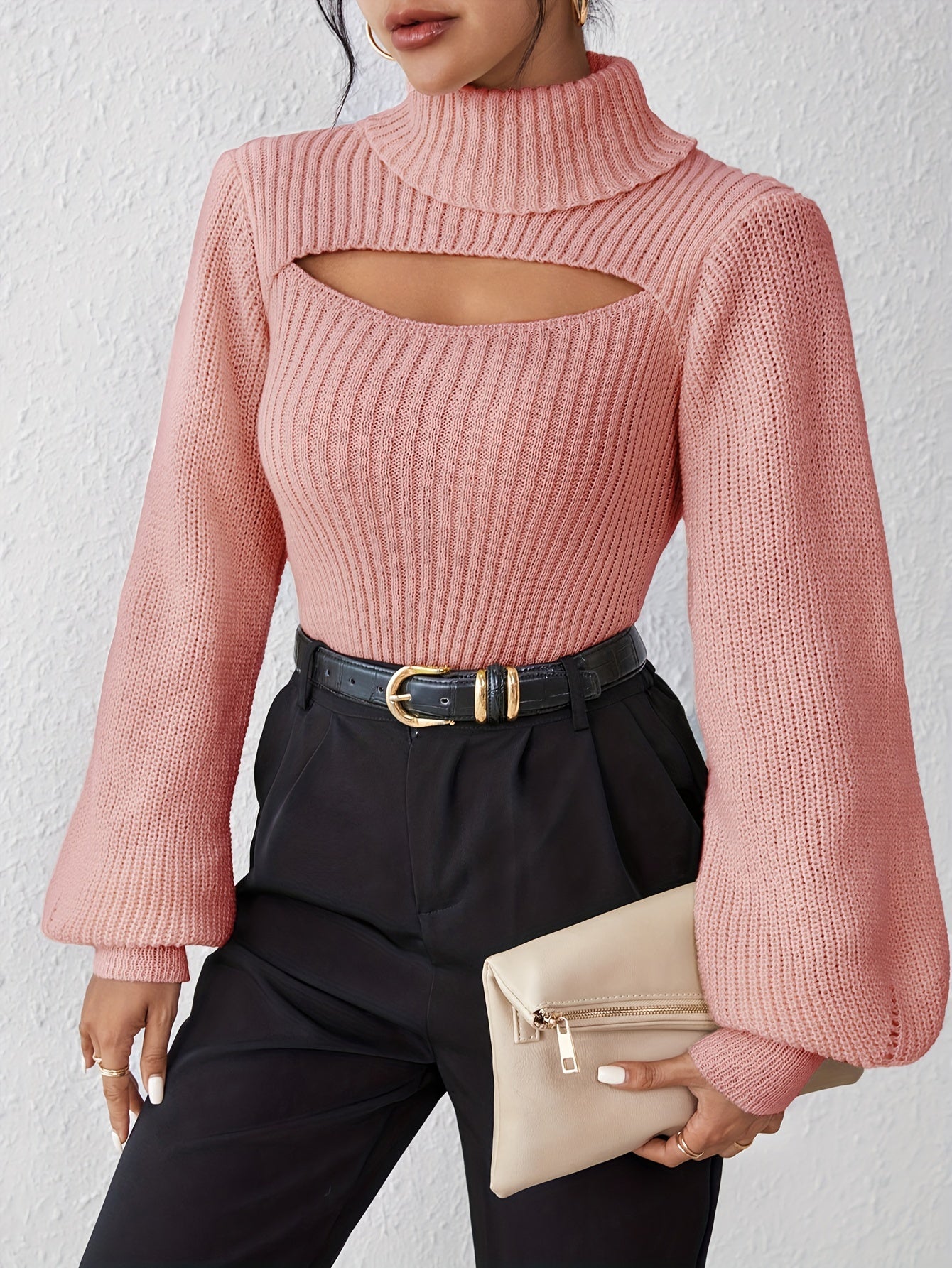 Stylish High Neck Sweater, Long Sleeve Cut Out, Perfect for fall.