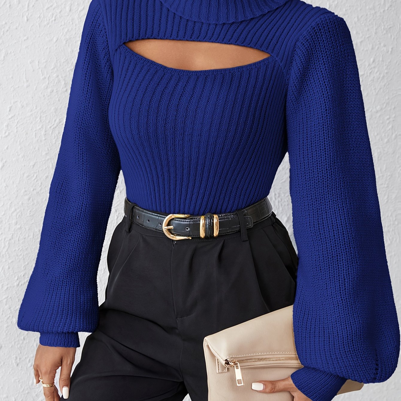 Stylish High Neck Sweater, Long Sleeve Cut Out, Perfect for fall.