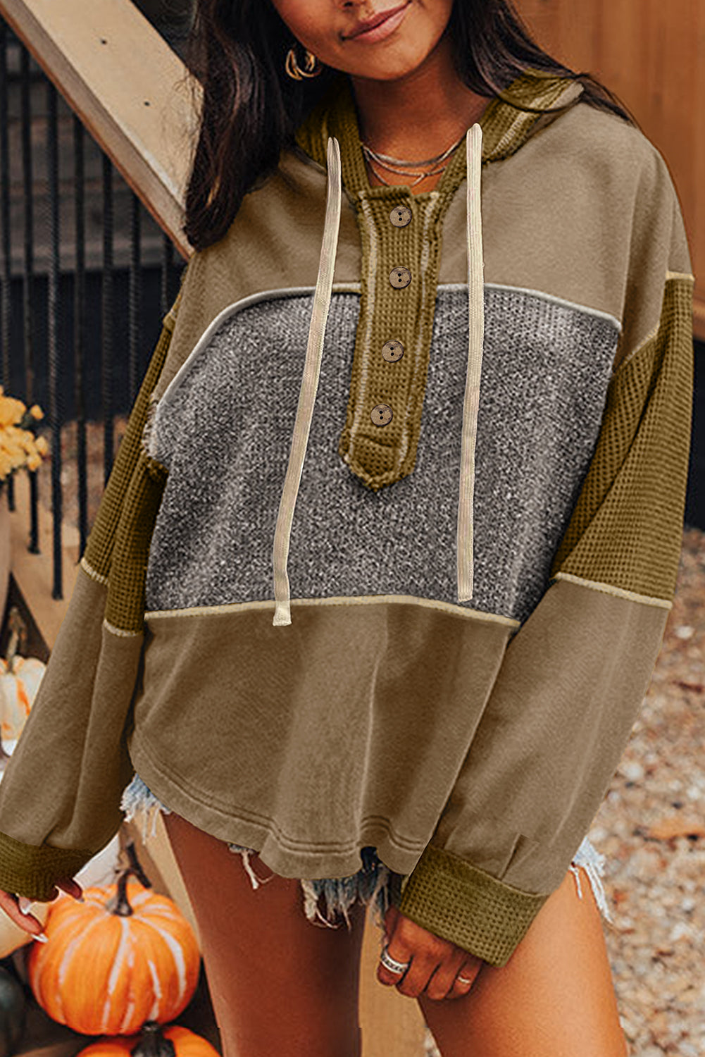 Jungle Green Patchwork Exposed Seam Hooded Sweatshirt