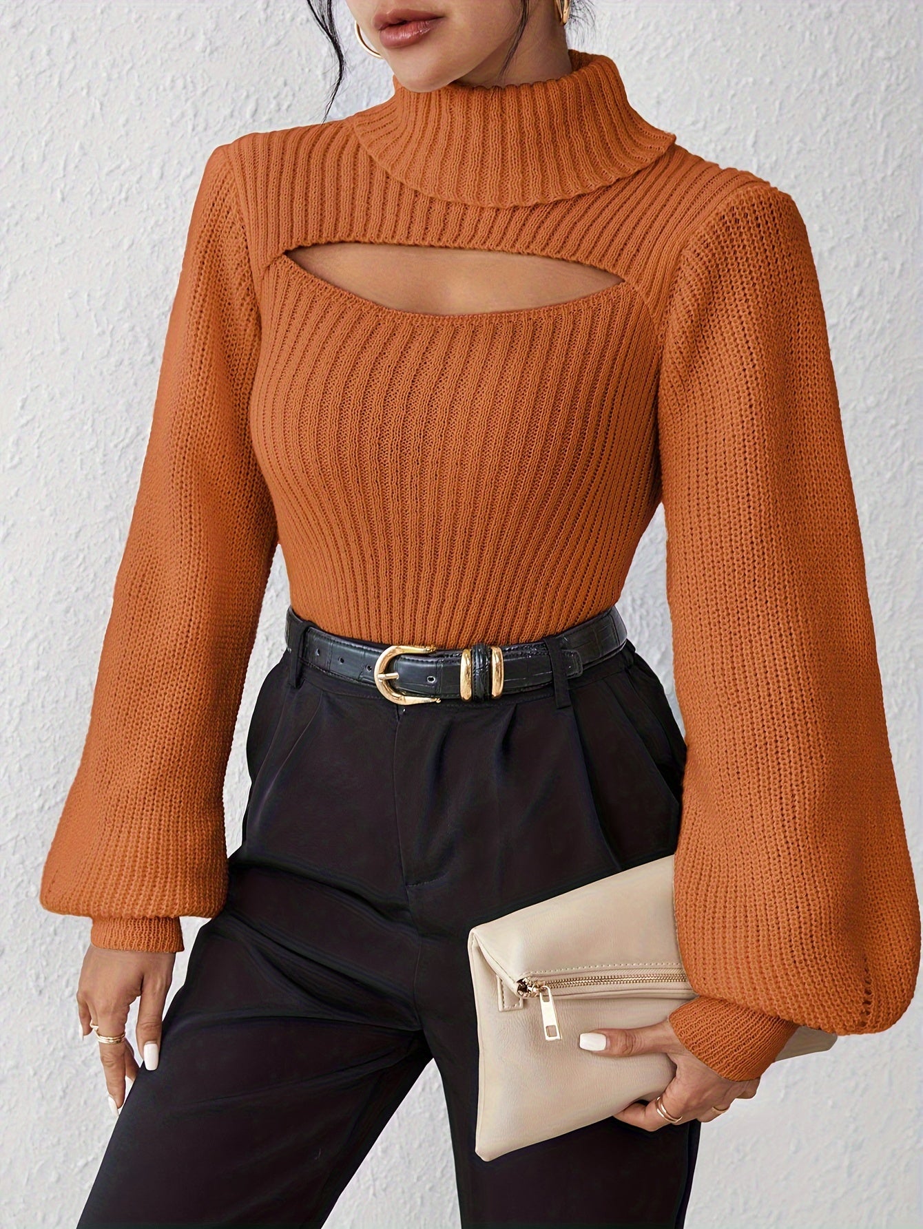 Stylish High Neck Sweater, Long Sleeve Cut Out, Perfect for fall.