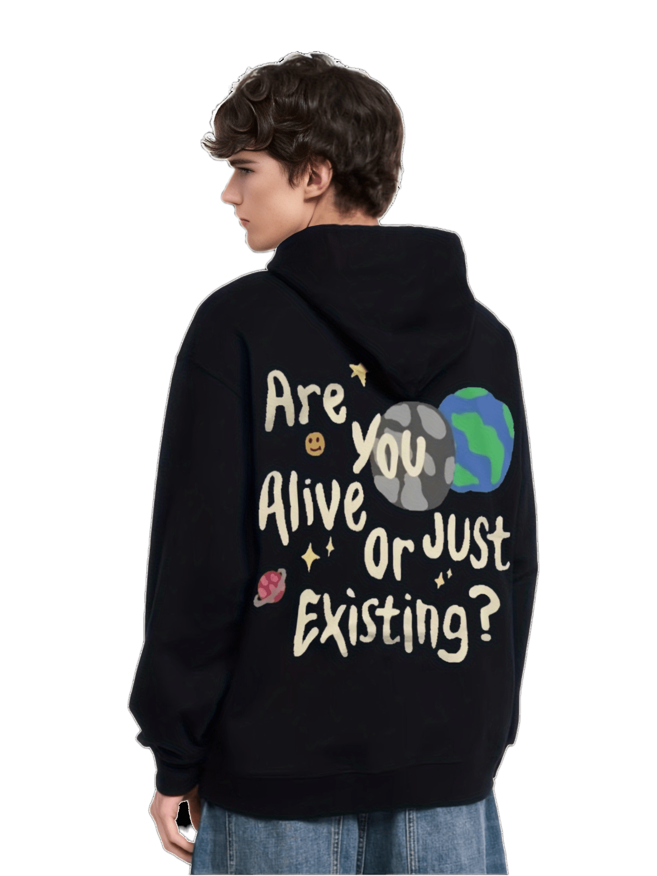 Cartoon Planet and Letter Print Hoodie, Casual Graphic.