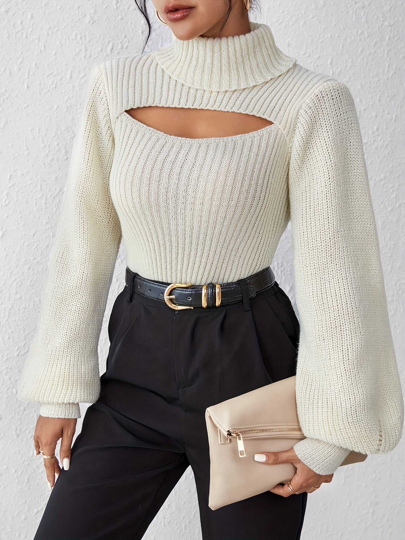 Stylish High Neck Sweater, Long Sleeve Cut Out, Perfect for fall.