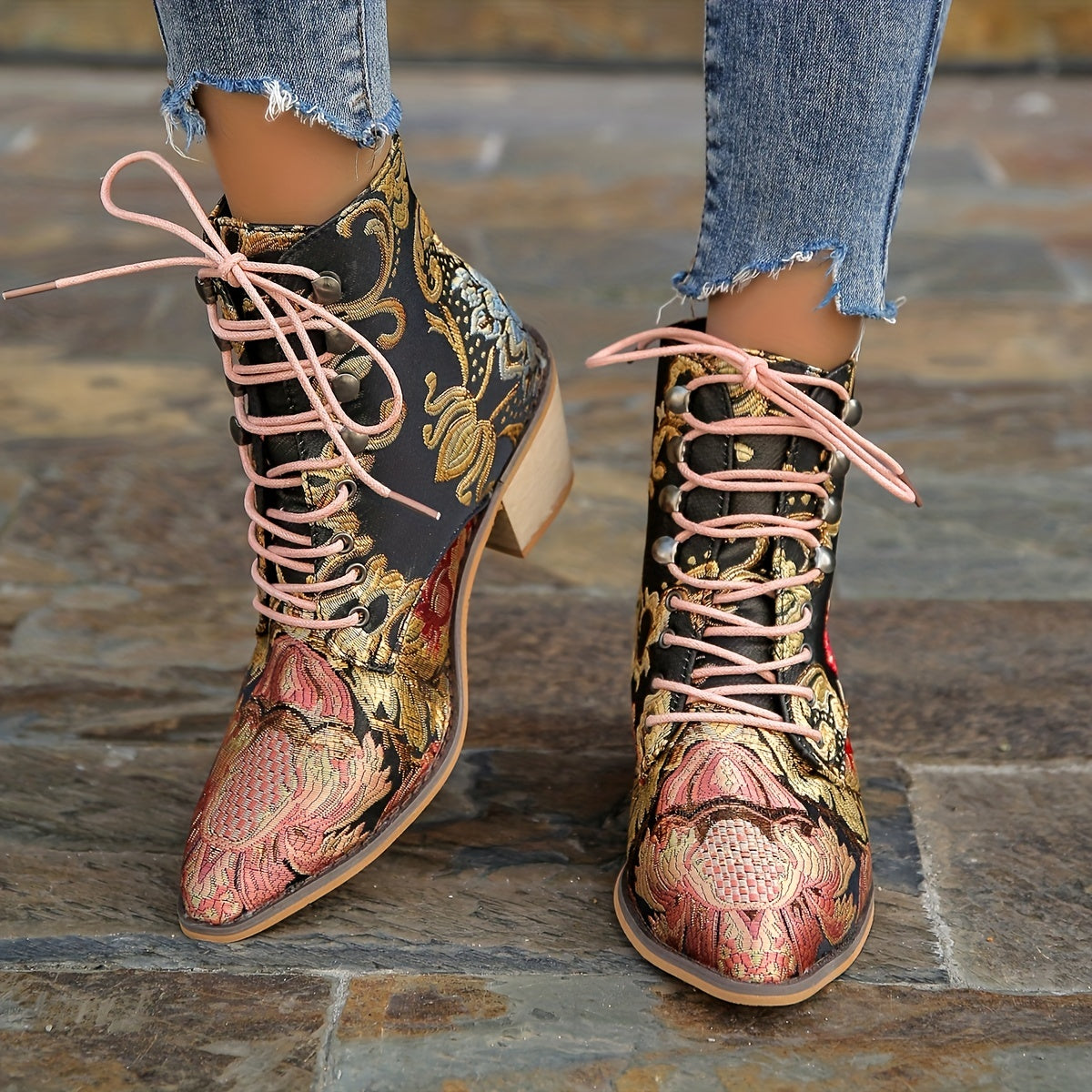 Women's vintage floral boots, lace-up chunky heel western cowboy boots
