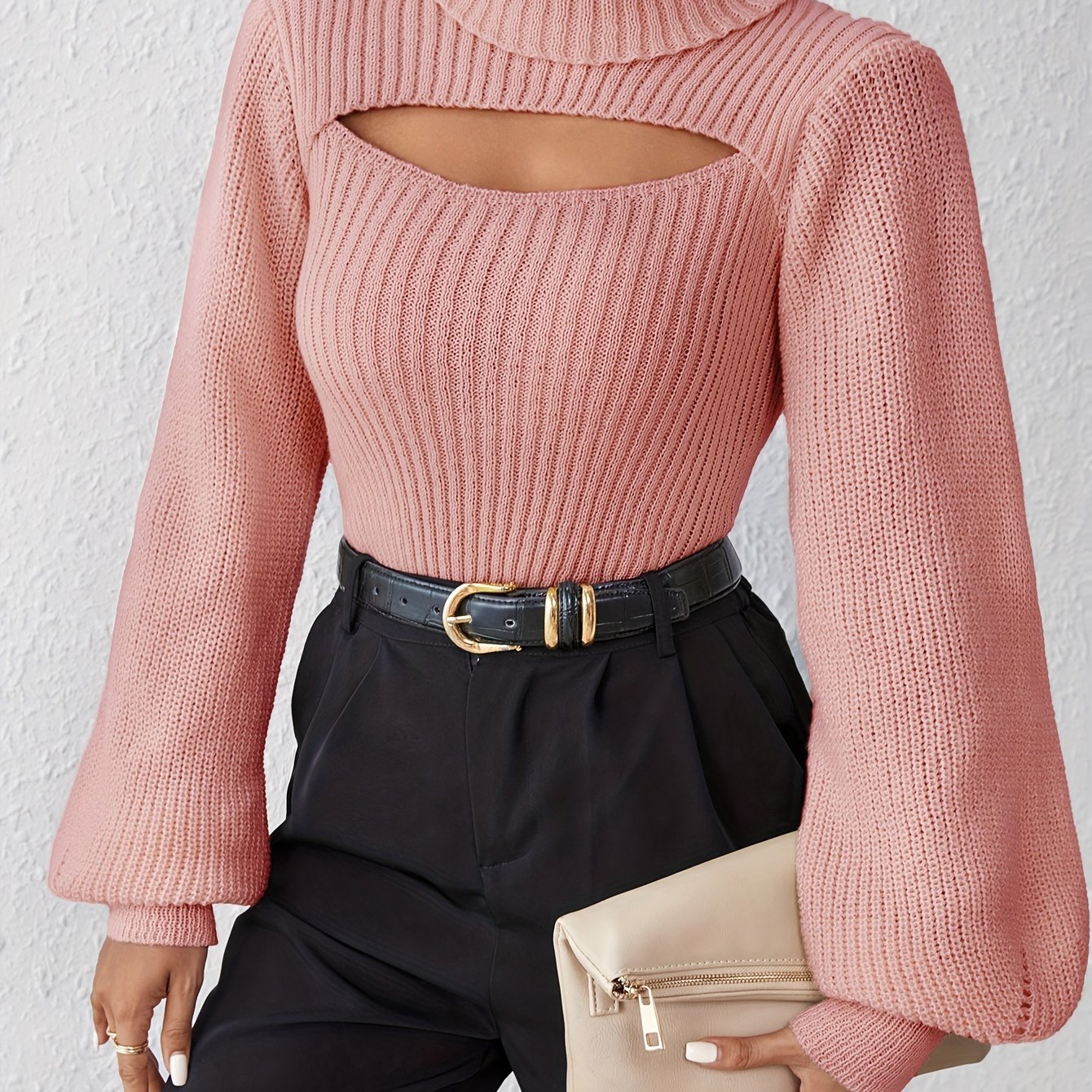 Stylish High Neck Sweater, Long Sleeve Cut Out, Perfect for fall.