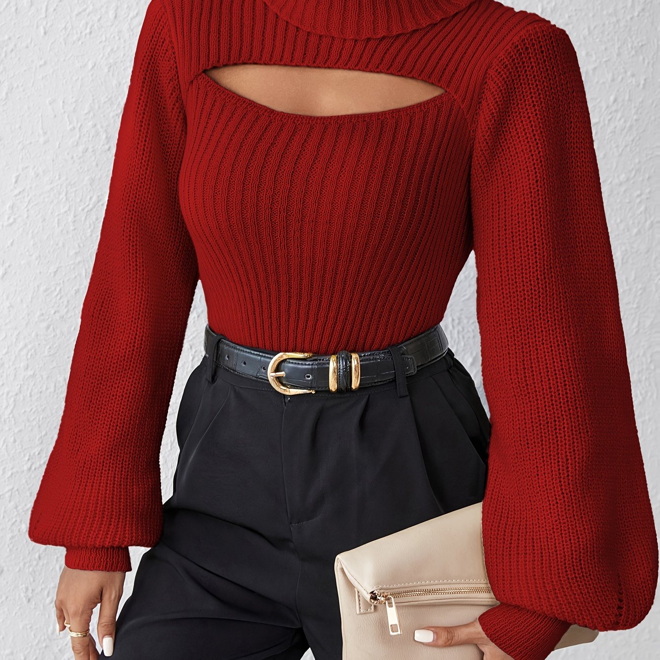 Stylish High Neck Sweater, Long Sleeve Cut Out, Perfect for fall.