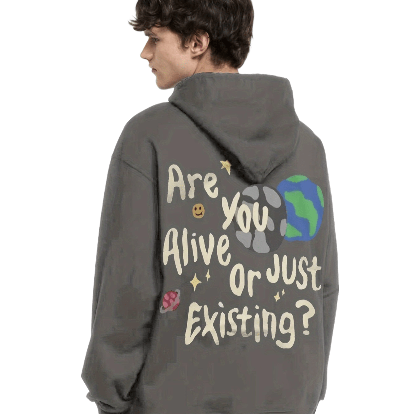 Cartoon Planet and Letter Print Hoodie, Casual Graphic.