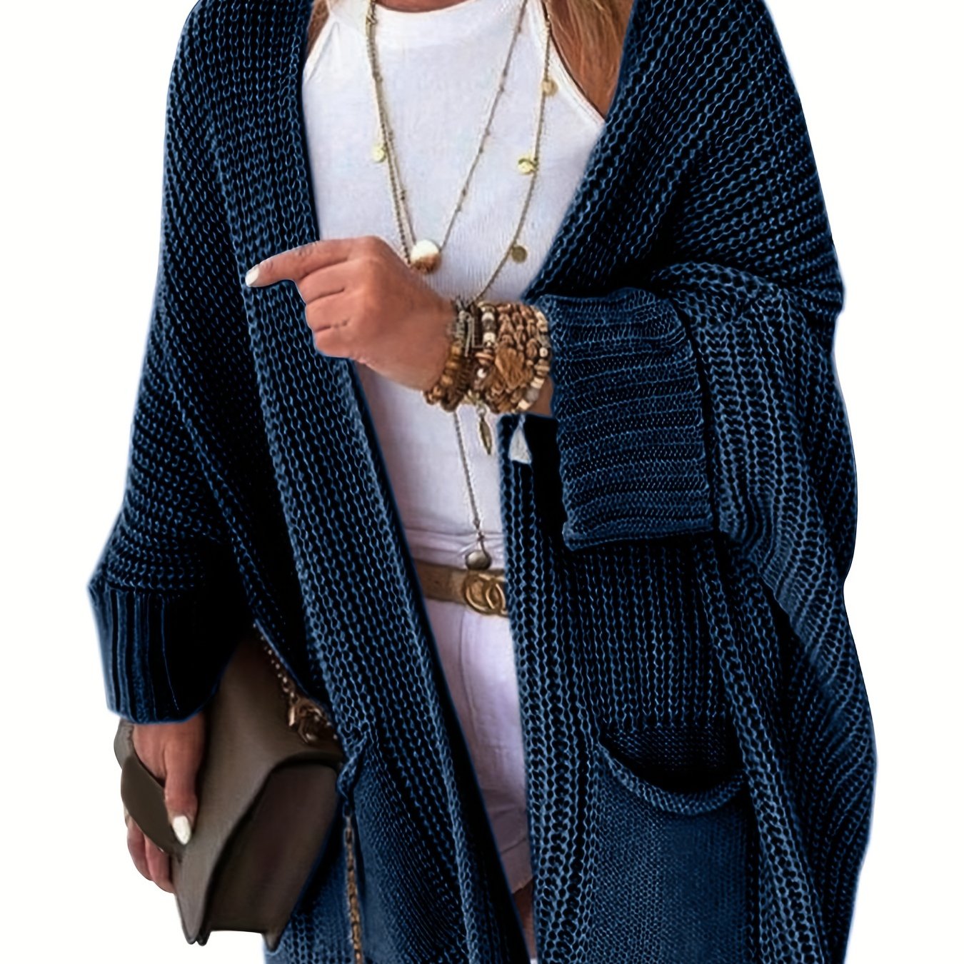 Stay warm and stylish this fall and winter with an elegant mid-length knit cardigan featuring convenient pockets.