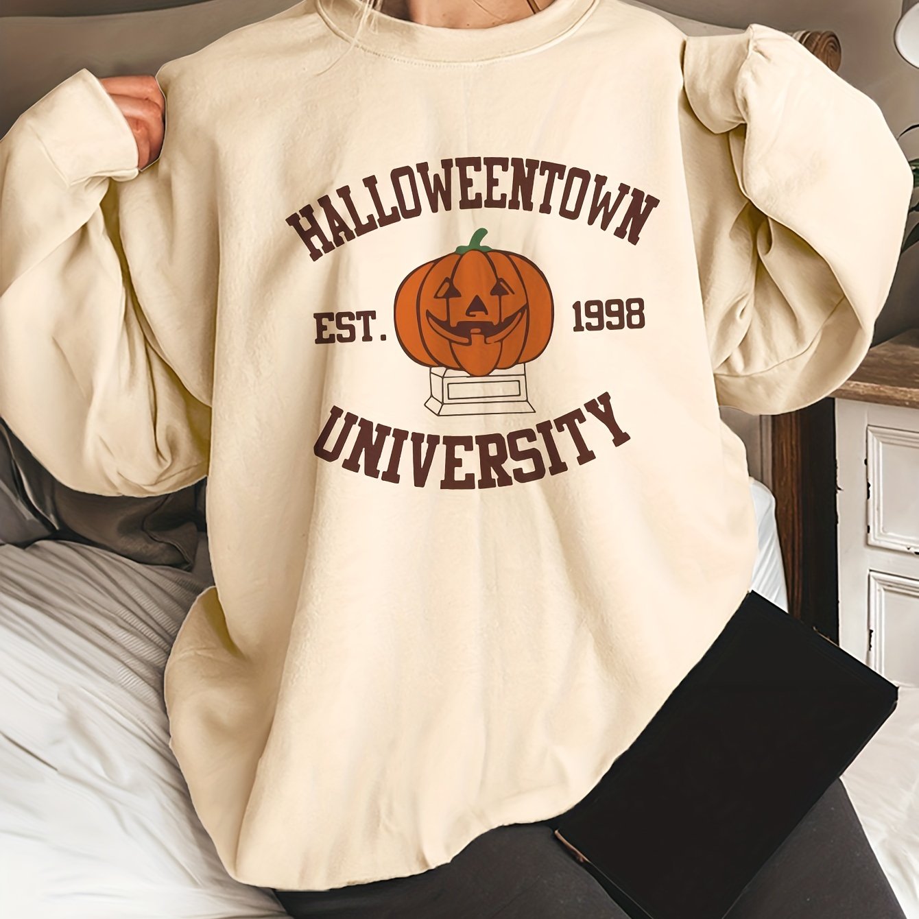 [Halloweentown] Halloween Print Sweatshirt, Women's Casual Long Sleeve Crew Neck