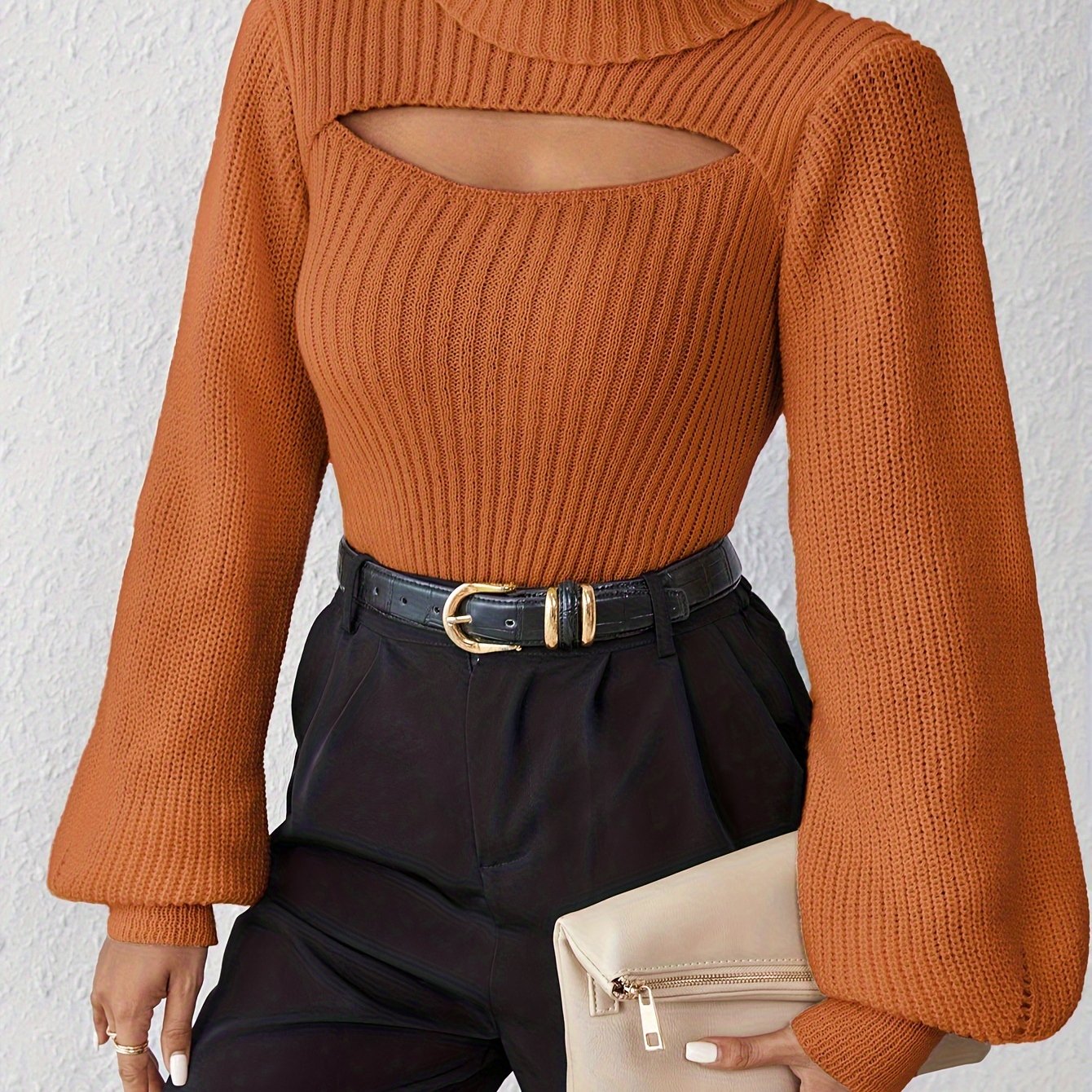 Stylish High Neck Sweater, Long Sleeve Cut Out, Perfect for fall.