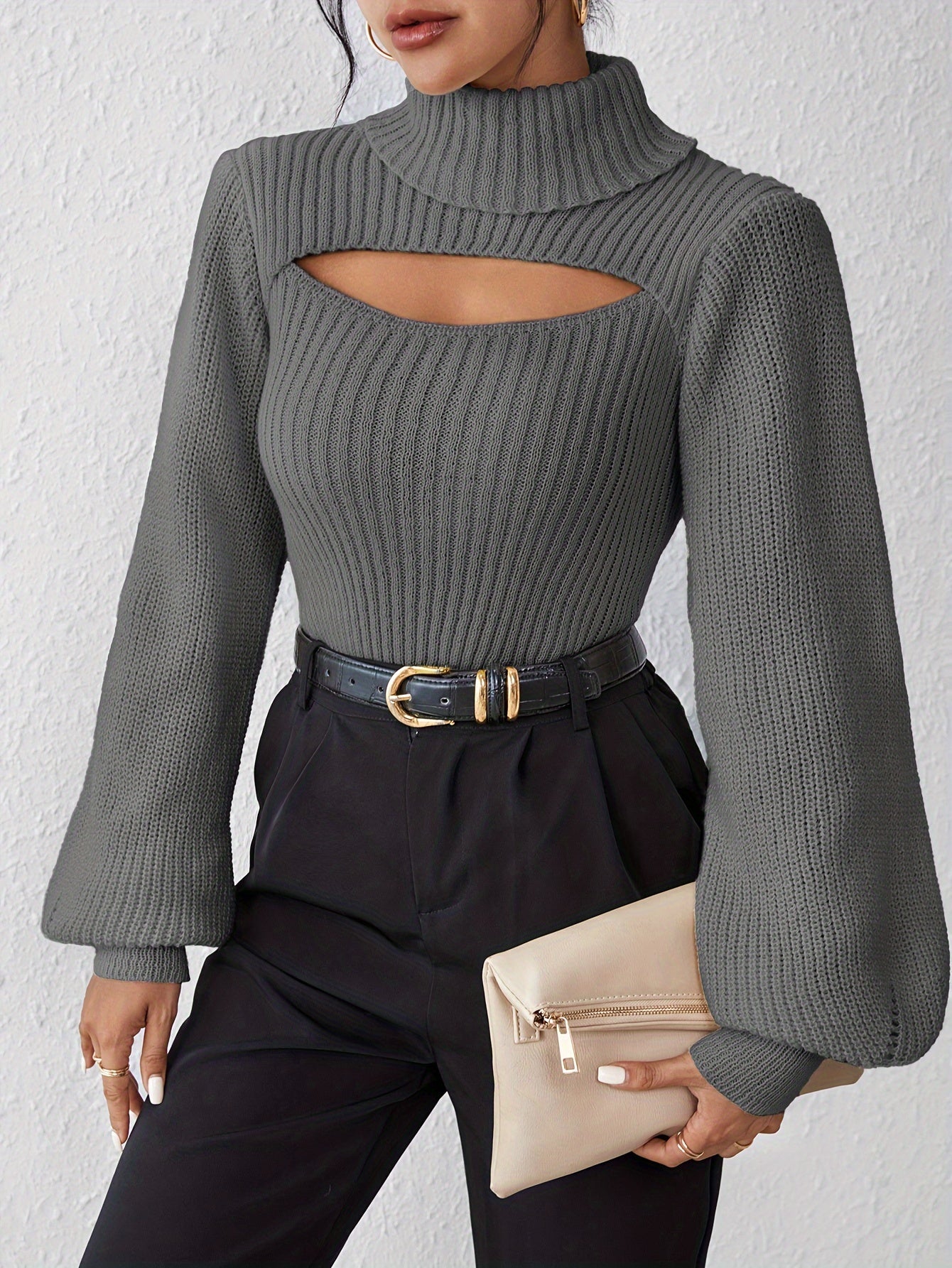 Stylish High Neck Sweater, Long Sleeve Cut Out, Perfect for fall.