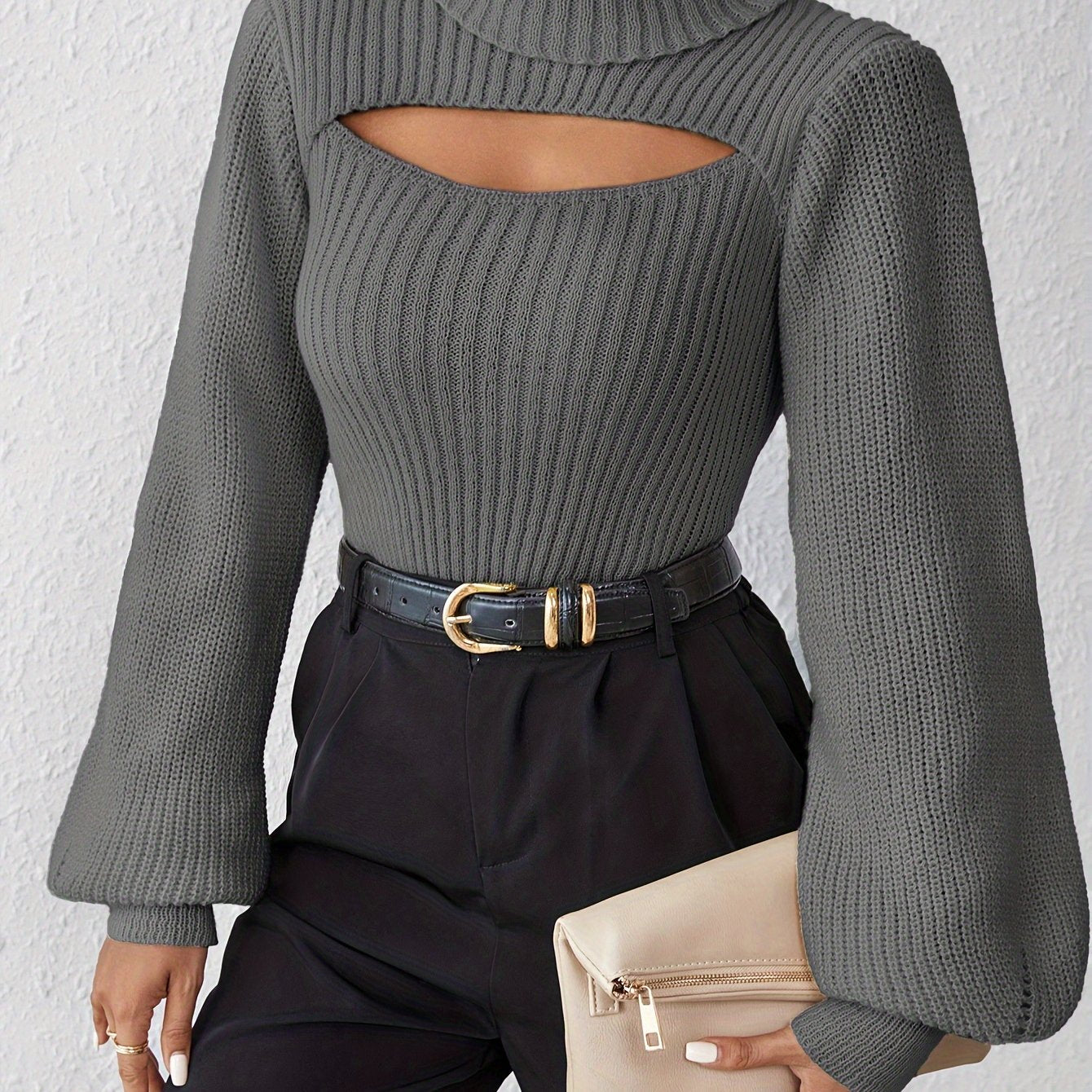 Stylish High Neck Sweater, Long Sleeve Cut Out, Perfect for fall.