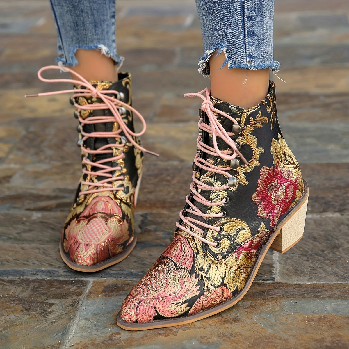 Women's vintage floral boots, lace-up chunky heel western cowboy boots